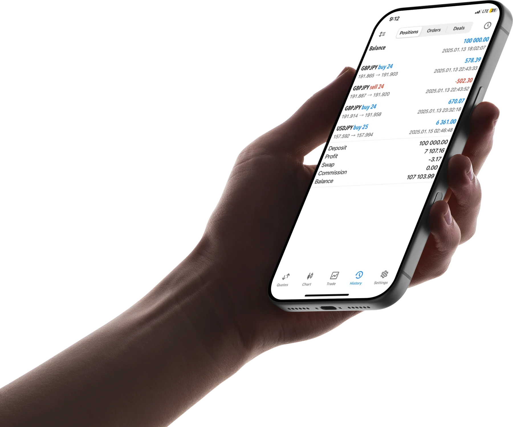 A hand holding a phone running the MetaTrader 5 app, showing open positions with their profit, commission and balance.